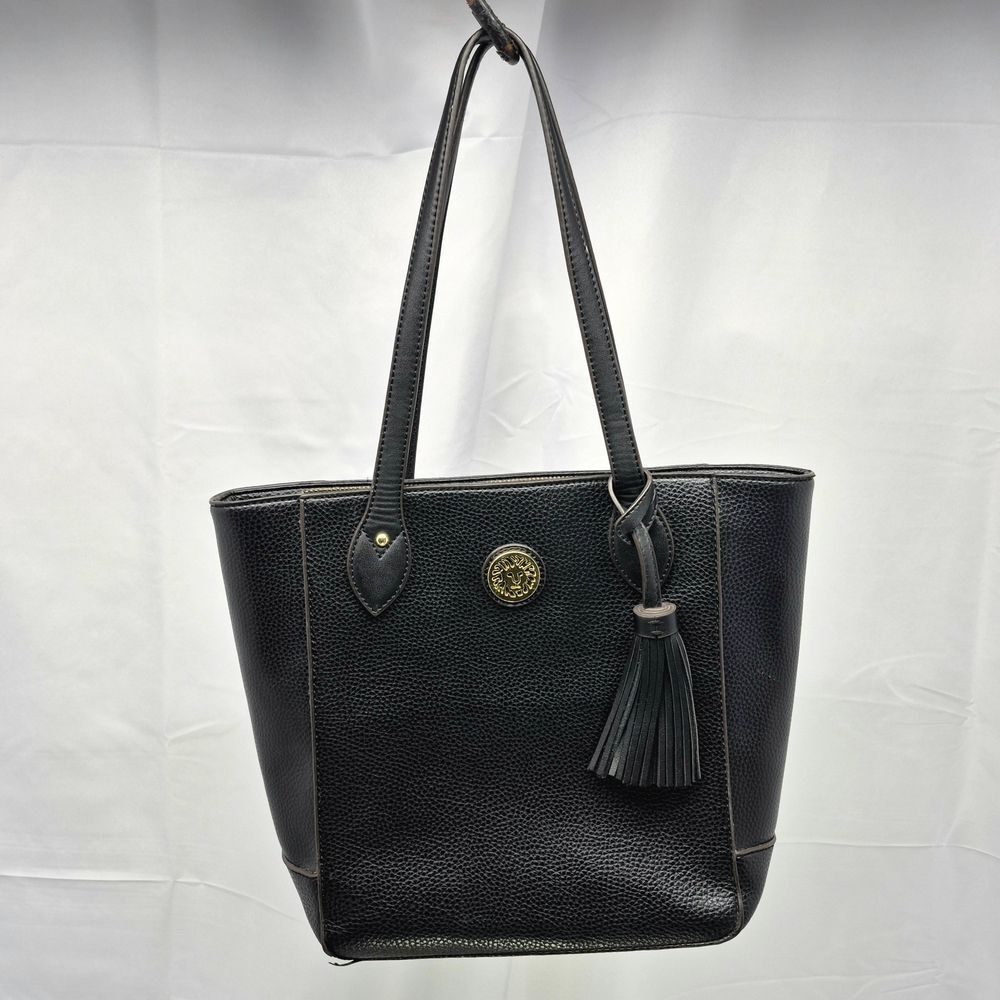 Anne Klein Black Faux Leather Lion Logo Tassel Tote Bag